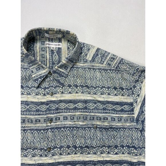VINTAGE Pierre Cardin Button Up Shirt Men XL All Over Print Blue Short Sleeve - Picture 2 of 5